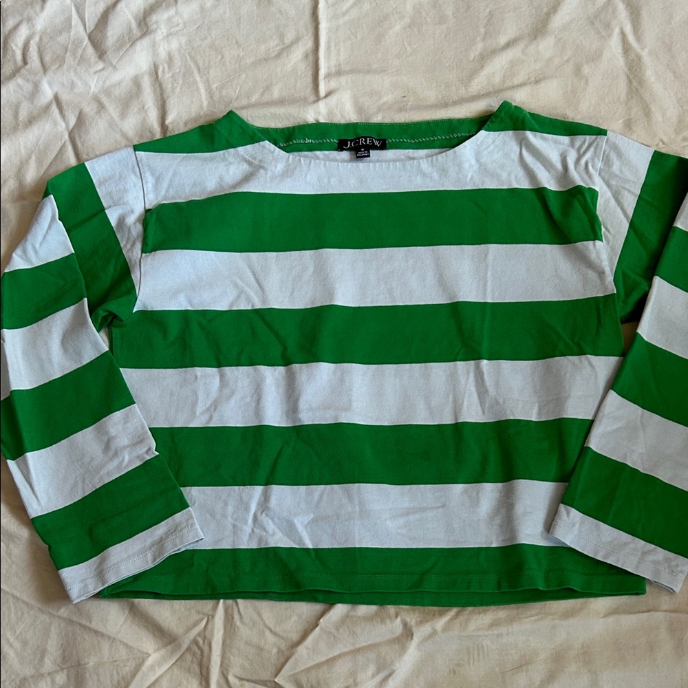 J. Crew Green and White Striped Boatneck Top - Bold Stripe